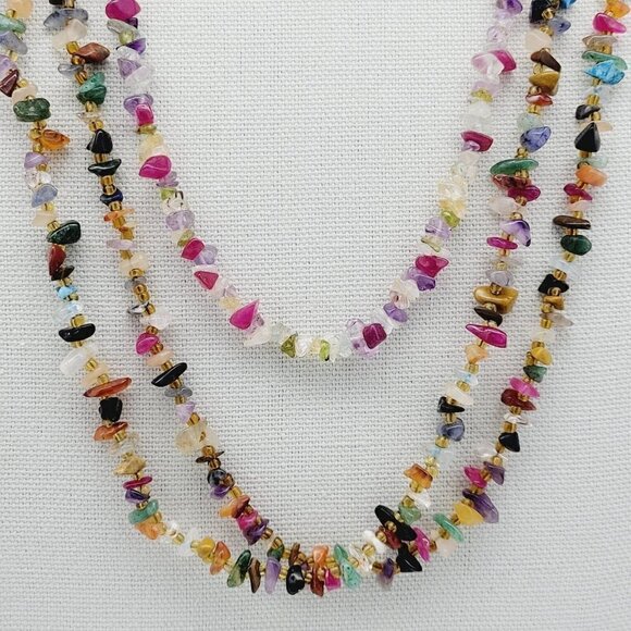 Lot Of 3 Semi Precious Gemstone Infinity Chip Necklaces Two 36" One 31" Boho - Picture 3 of 9